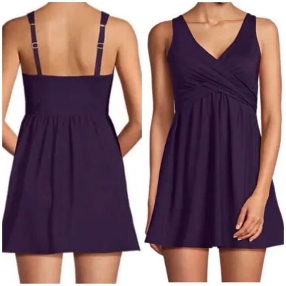 Land's End Slender Suit V Neck Ruched 1 piece Swimsuit Dress blackberry size 10 - Picture 3 of 14